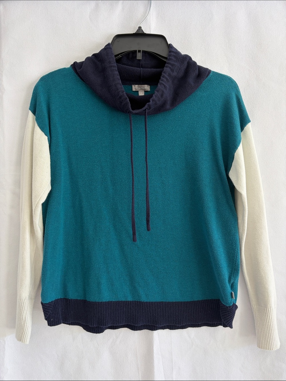 Talbots Teal Sweater with Navy Cowl and Hem, Cream Sleeves, small